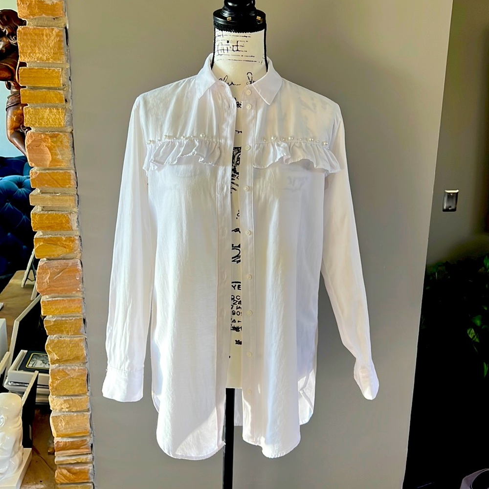 ZARA White Oversized Button down shirt with Pearl application - Size S